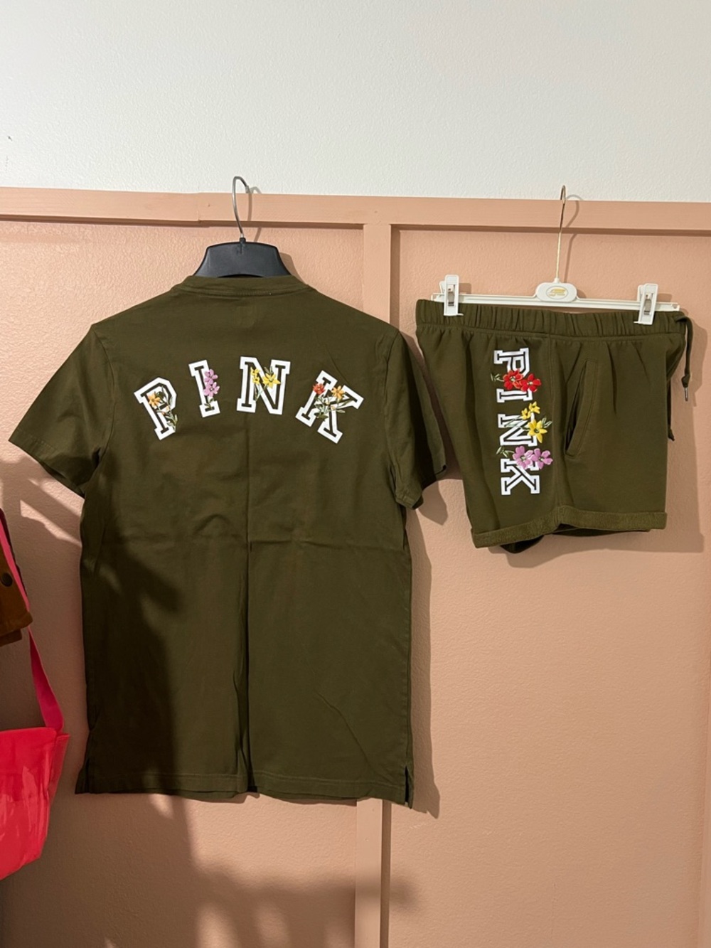 PINK Victoria's Secret Olive Green Floral  Lounge Top & Shorts Set